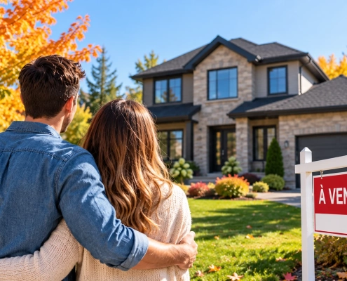 Abordabilité du logement au Québec et jeune couple devant une maison