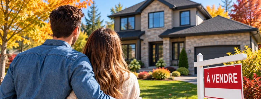 Abordabilité du logement au Québec et jeune couple devant une maison