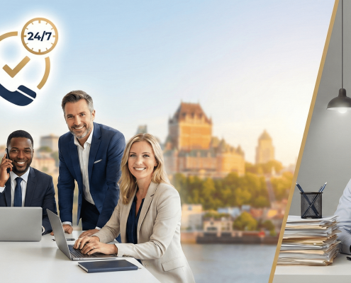 Comparaison visuelle entre une équipe courtier immobilier efficace à Québec et un courtier indépendant débordé