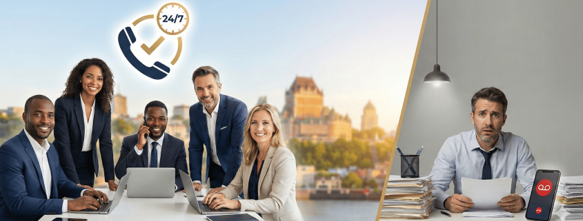 Comparaison visuelle entre une équipe courtier immobilier efficace à Québec et un courtier indépendant débordé