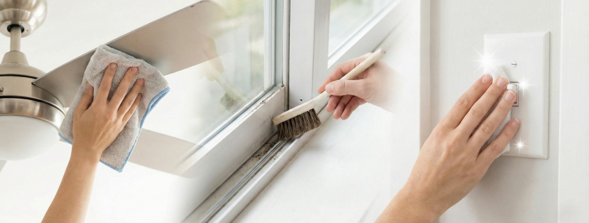 Collage photo illustrant le nettoyage minutieux de zones oubliées lors d'un grand ménage avant vente : époussetage d'un ventilateur de plafond, brossage d'un rail de fenêtre et nettoyage d'un interrupteur.
