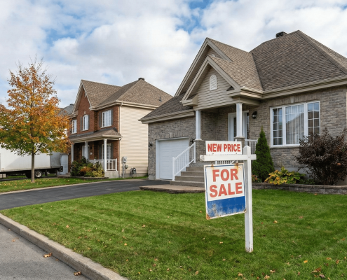 Illustration d'une maison trop chère isolée sur un pic rocheux inaccessible avec une vieille pancarte à vendre, surplombant un quartier résidentiel de Québec où les autres propriétés sont vendues