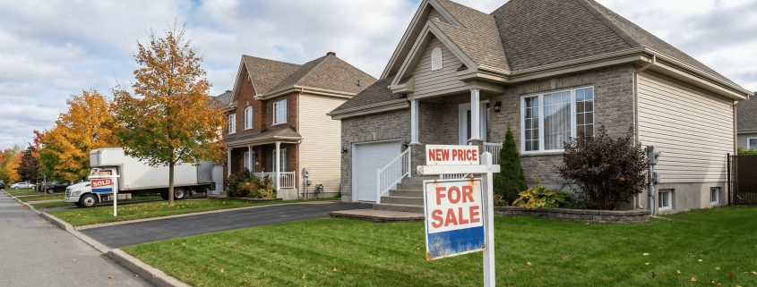 Illustration d'une maison trop chère isolée sur un pic rocheux inaccessible avec une vieille pancarte à vendre, surplombant un quartier résidentiel de Québec où les autres propriétés sont vendues