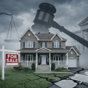 Bannière illustrant les risques légaux d'une vente immobilière sans courtier : une maison avec pancarte "À Vendre" sur un sol fissuré d'où sortent des contrats, surplombée par un marteau de juge, une balance de la justice et un palais de justice sous un ciel d'orage, évoquant une poursuite pour vice caché contre le vendeur.