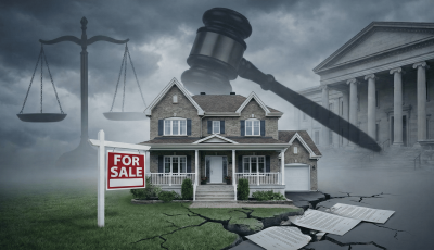 Bannière illustrant les risques légaux d'une vente immobilière sans courtier : une maison avec pancarte "À Vendre" sur un sol fissuré d'où sortent des contrats, surplombée par un marteau de juge, une balance de la justice et un palais de justice sous un ciel d'orage, évoquant une poursuite pour vice caché contre le vendeur.