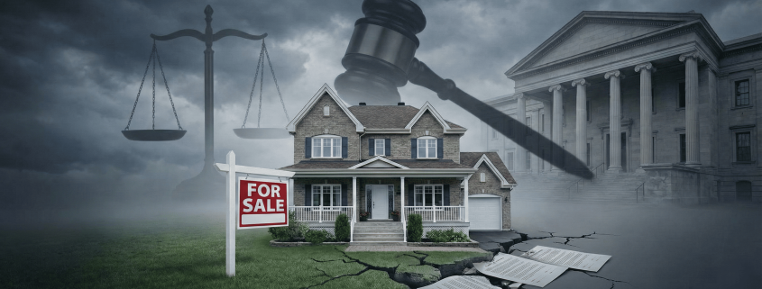 Bannière illustrant les risques légaux d'une vente immobilière sans courtier : une maison avec pancarte "À Vendre" sur un sol fissuré d'où sortent des contrats, surplombée par un marteau de juge, une balance de la justice et un palais de justice sous un ciel d'orage, évoquant une poursuite pour vice caché contre le vendeur.