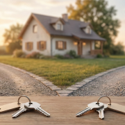 Deux trousseaux de clés séparés au premier plan devant un chemin de terre qui se divise en deux directions opposées, menant à une maison familiale et un camion de déménagement, illustrant symboliquement la vente d'une maison pour cause de séparation ou divorce au Québec.