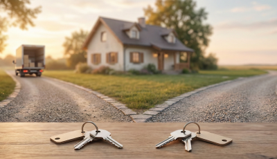 Deux trousseaux de clés séparés au premier plan devant un chemin de terre qui se divise en deux directions opposées, menant à une maison familiale et un camion de déménagement, illustrant symboliquement la vente d'une maison pour cause de séparation ou divorce au Québec.