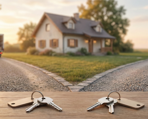 Deux trousseaux de clés séparés au premier plan devant un chemin de terre qui se divise en deux directions opposées, menant à une maison familiale et un camion de déménagement, illustrant symboliquement la vente d'une maison pour cause de séparation ou divorce au Québec.