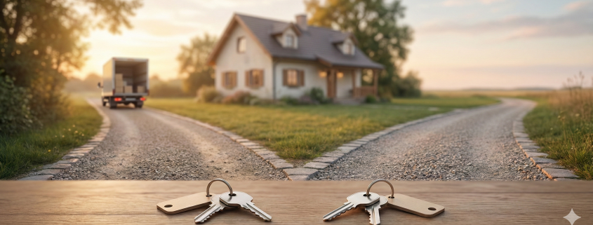 Deux trousseaux de clés séparés au premier plan devant un chemin de terre qui se divise en deux directions opposées, menant à une maison familiale et un camion de déménagement, illustrant symboliquement la vente d'une maison pour cause de séparation ou divorce au Québec.