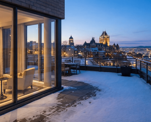 Vue panoramique depuis la terrasse enneigée d'une propriété de prestige surplombant le Château Frontenac et le Vieux-Québec au crépuscule.