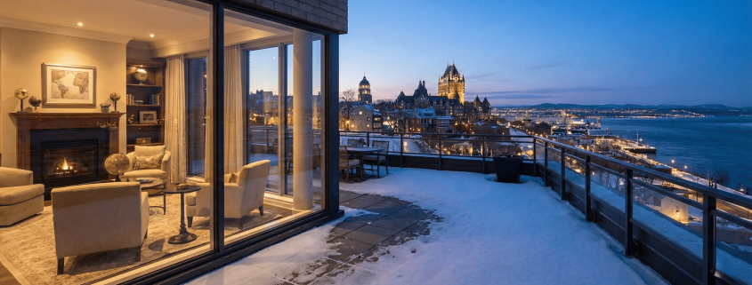 Vue panoramique depuis la terrasse enneigée d'une propriété de prestige surplombant le Château Frontenac et le Vieux-Québec au crépuscule.
