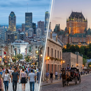 Vue panoramique divisée en deux comparant le centre-ville moderne de Montréal avec la Biosphère à gauche, et le Vieux-Québec historique avec le Château Frontenac à droite, au crépuscule.