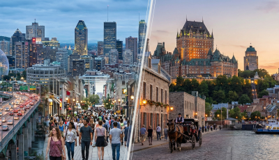 Vue panoramique divisée en deux comparant le centre-ville moderne de Montréal avec la Biosphère à gauche, et le Vieux-Québec historique avec le Château Frontenac à droite, au crépuscule.