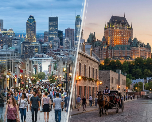 Vue panoramique divisée en deux comparant le centre-ville moderne de Montréal avec la Biosphère à gauche, et le Vieux-Québec historique avec le Château Frontenac à droite, au crépuscule.