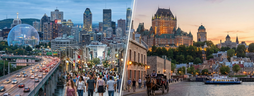 Vue panoramique divisée en deux comparant le centre-ville moderne de Montréal avec la Biosphère à gauche, et le Vieux-Québec historique avec le Château Frontenac à droite, au crépuscule.