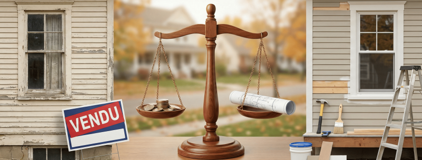 Balance illustrant le choix entre investir dans des rénovations ou vendre une maison avec travaux en l'état.