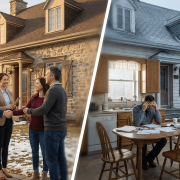 Bannière comparative montrant à gauche une vente réussie avec un courtier immobilier à Québec (poignée de main, panneau vendu, Château Frontenac) et à droite le stress de vendre sans courtier avis (homme débordé par la paperasse, panneau à vendre par le proprio).