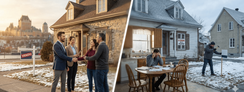 Bannière comparative montrant à gauche une vente réussie avec un courtier immobilier à Québec (poignée de main, panneau vendu, Château Frontenac) et à droite le stress de vendre sans courtier avis (homme débordé par la paperasse, panneau à vendre par le proprio).