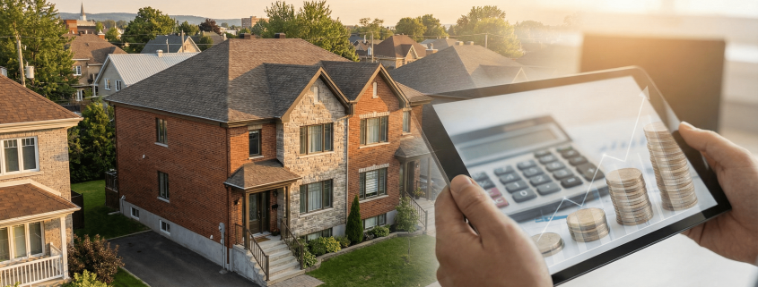 Rue résidentielle de Québec avec duplex et triplex en brique, illustrant le calcul de rentabilité financière et la vente d'un immeuble à revenus pour investisseurs.