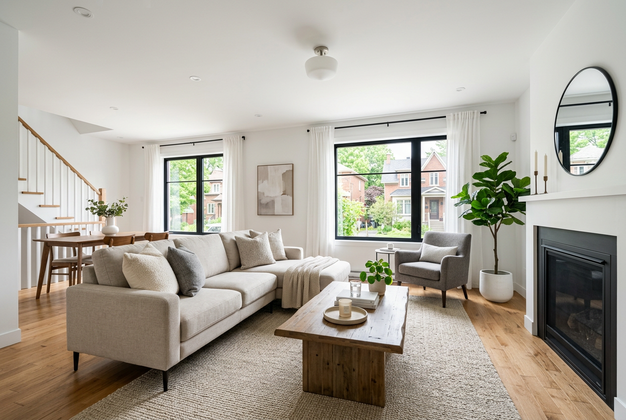 Salon d'une maison bien préparée pour une évaluation immobilière à Québec, mise en valeur pour la vente