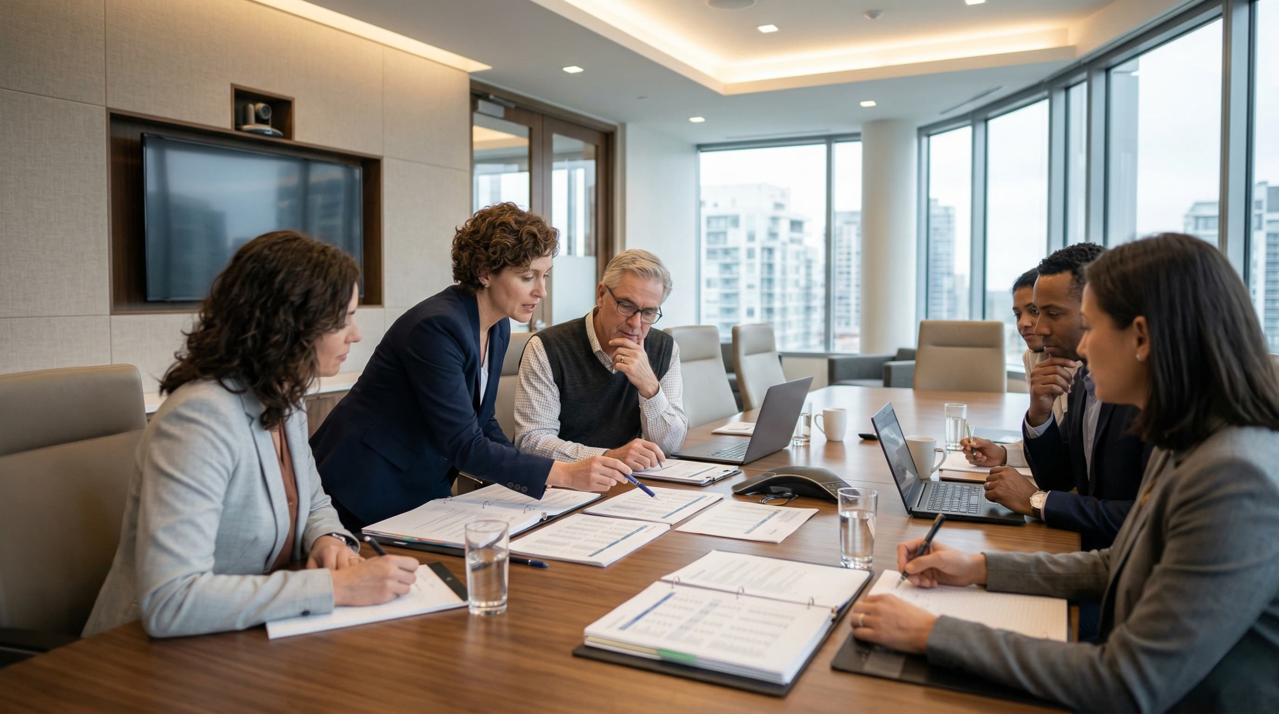 Courtier immobilier expliquant la déclaration de copropriété à des acheteurs à Québec