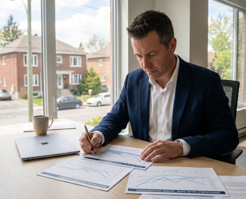 Courtier immobilier analysant des données comparables de ventes récentes pour recommander le bon prix à un vendeur — François Côté, Équipe Jean-François Morin