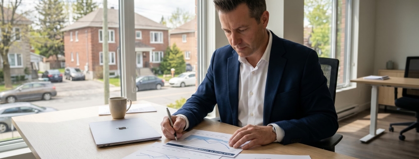 Courtier immobilier analysant des données comparables de ventes récentes pour recommander le bon prix à un vendeur — François Côté, Équipe Jean-François Morin
