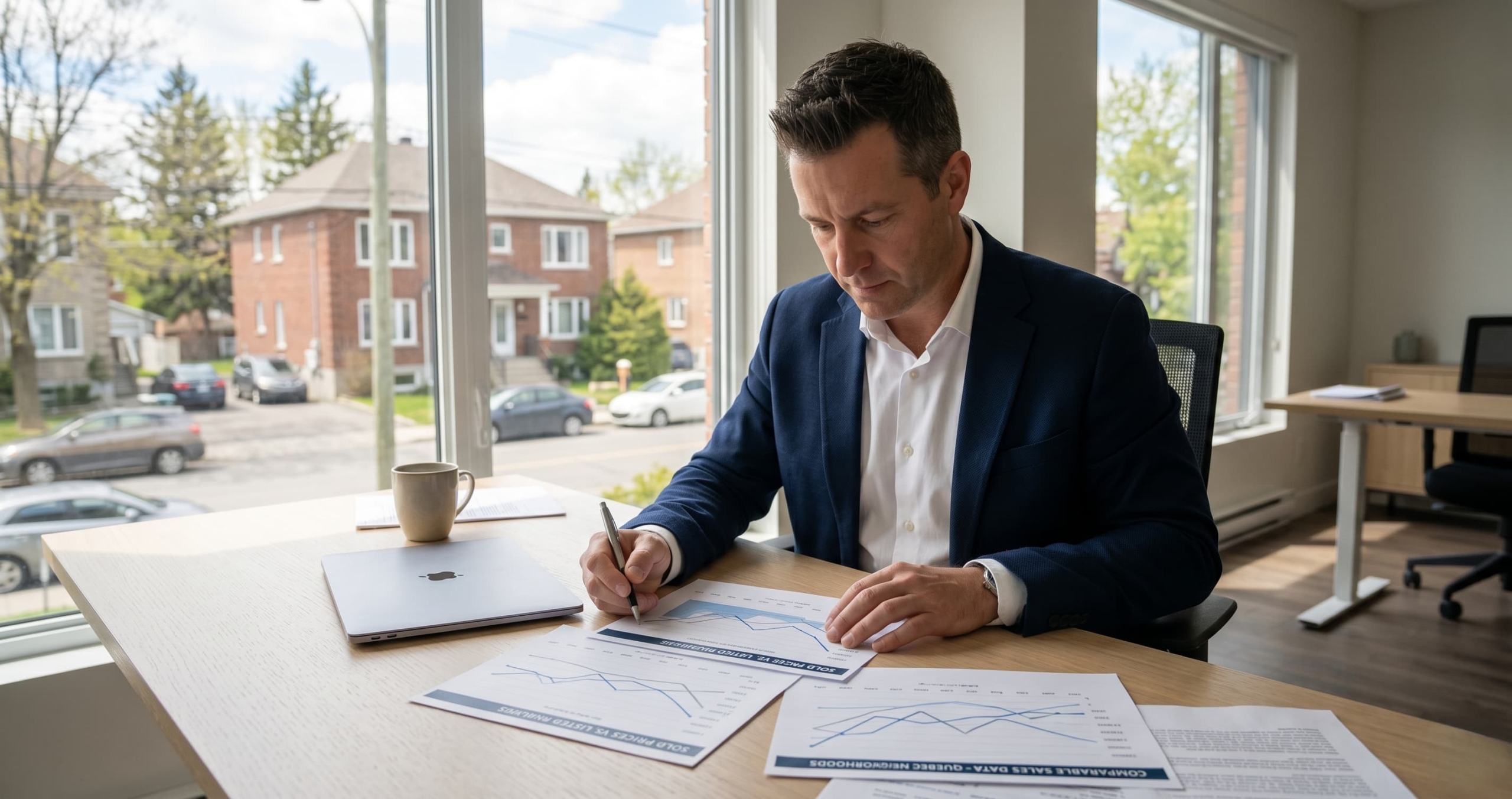 Courtier immobilier analysant des données comparables de ventes récentes pour recommander le bon prix à un vendeur — François Côté, Équipe Jean-François Morin