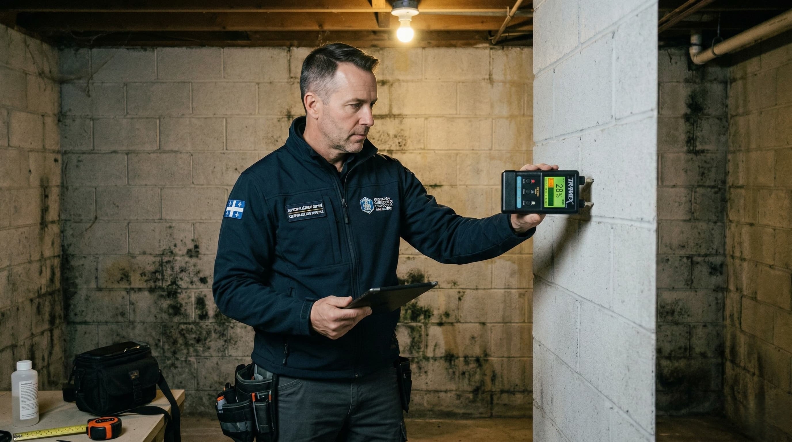 Inspecteur en bâtiment utilisant un humidimètre pour détecter la moisissure cachée