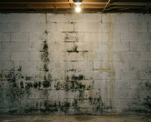 Moisissure noire sur un mur de sous-sol dans une maison à Québec — vice caché potentiel
