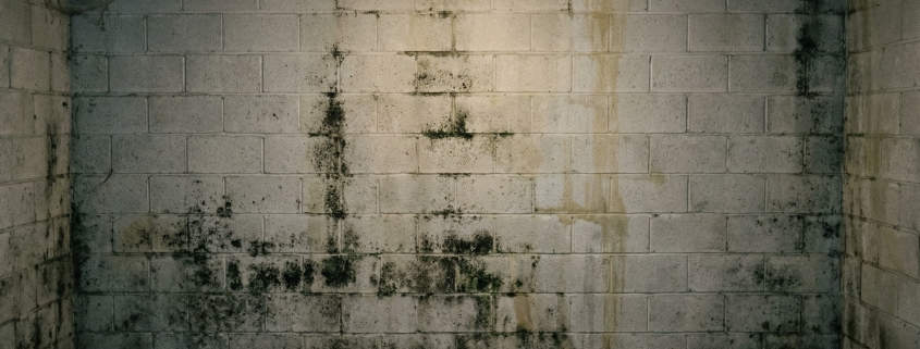 Moisissure noire sur un mur de sous-sol dans une maison à Québec — vice caché potentiel