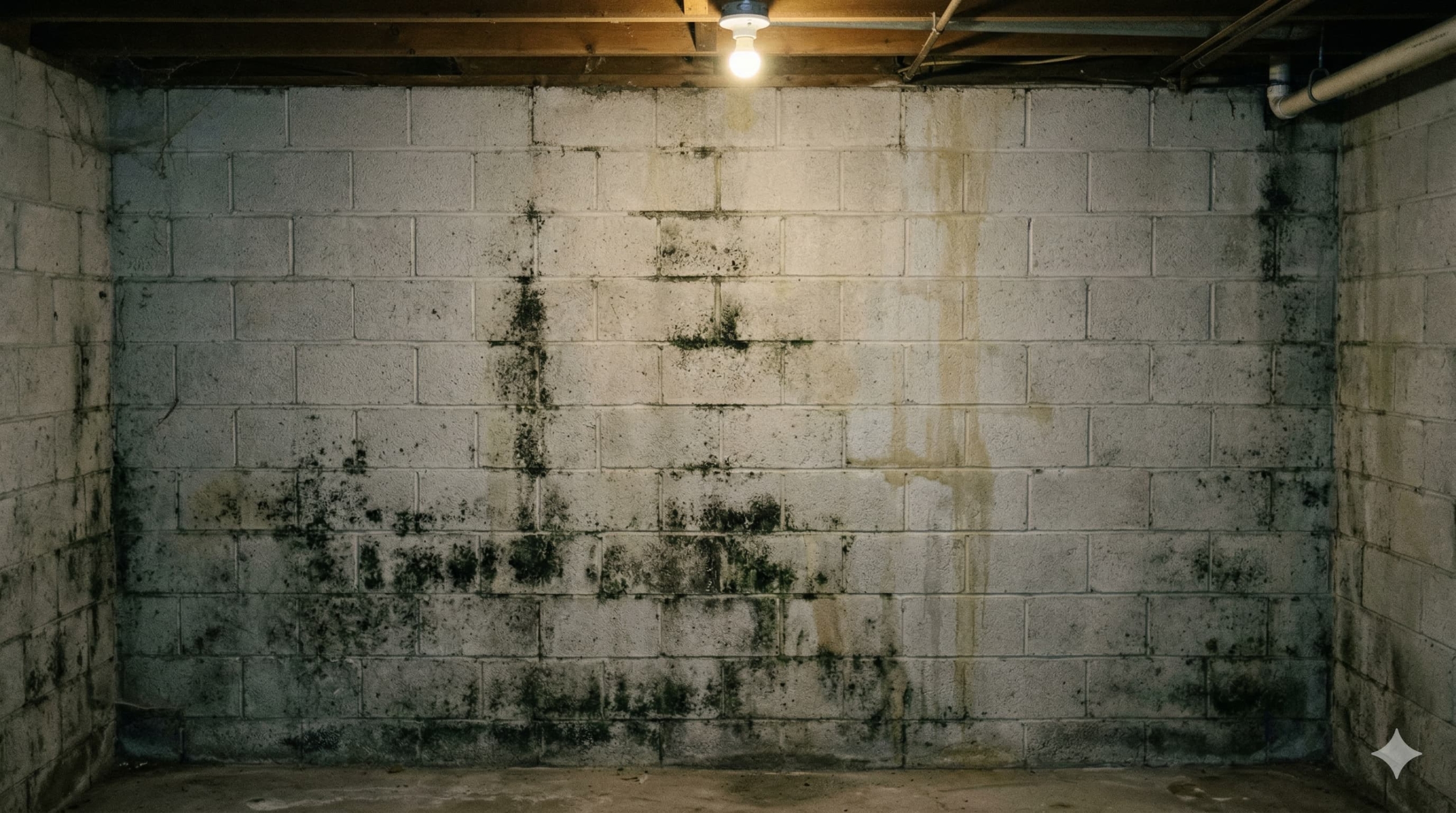 Moisissure noire sur un mur de sous-sol dans une maison à Québec — vice caché potentiel