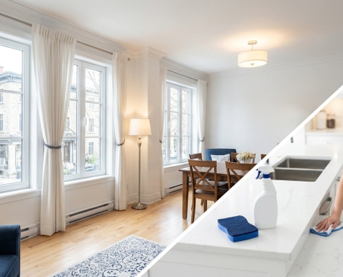 Intérieur d'une maison au Québec propre et lumineux avec rideaux ouverts et lampes allumées pour préparer une visite immobilière