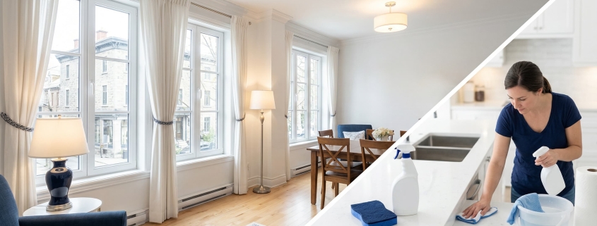 Intérieur d'une maison au Québec propre et lumineux avec rideaux ouverts et lampes allumées pour préparer une visite immobilière