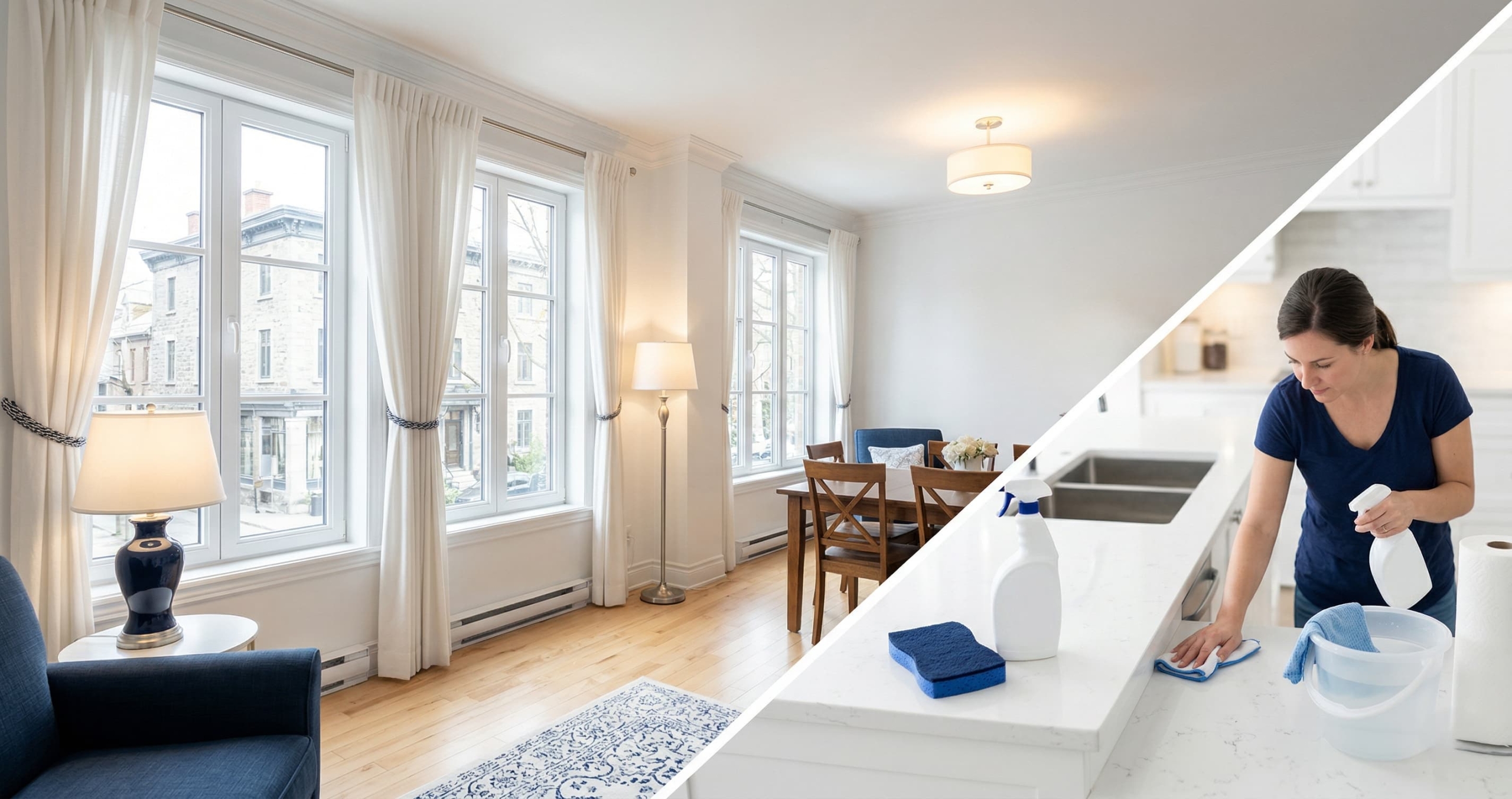 Intérieur d'une maison au Québec propre et lumineux avec rideaux ouverts et lampes allumées pour préparer une visite immobilière