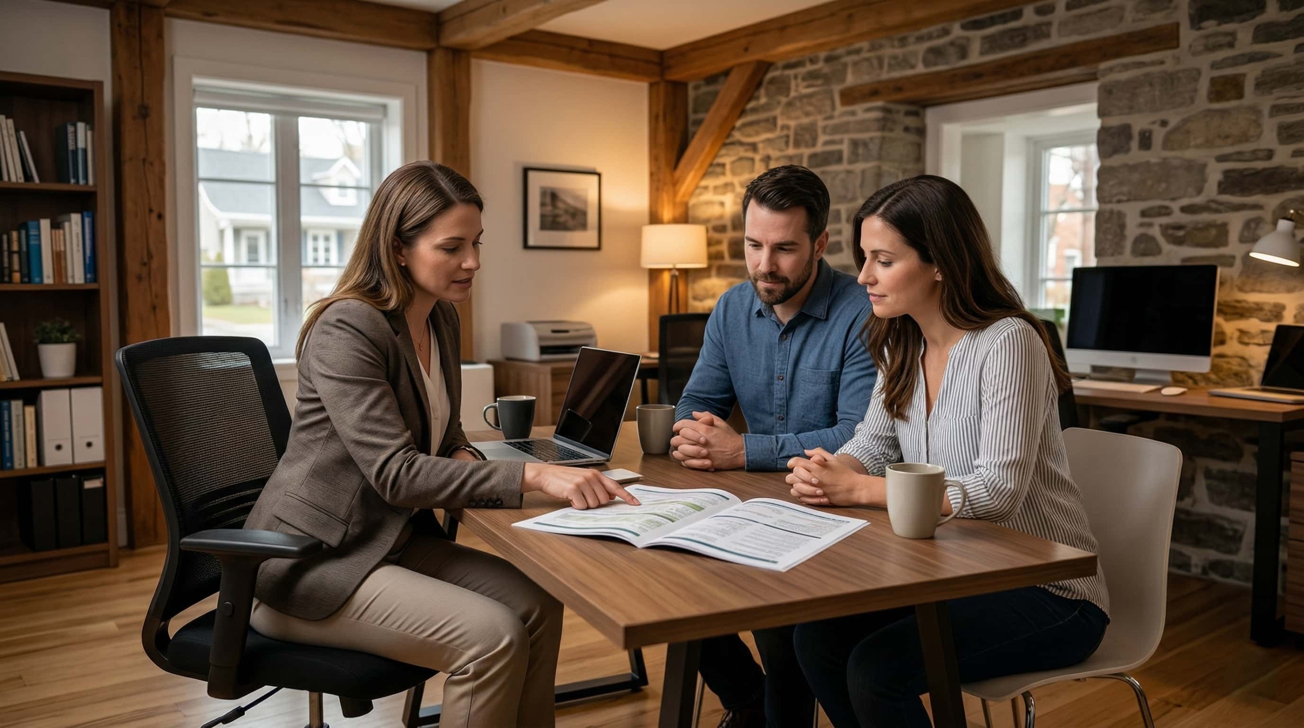 Courtier immobilier accompagnant des clients face à une découverte de vermiculite