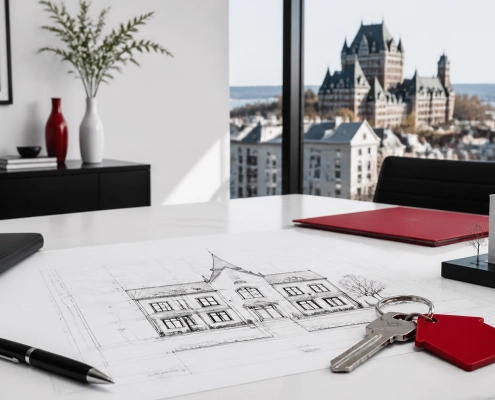 Meilleur courtier immobilier à Québec, grille de sélection et rencontre client devant une maison