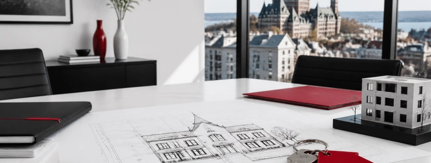 Meilleur courtier immobilier à Québec, grille de sélection et rencontre client devant une maison