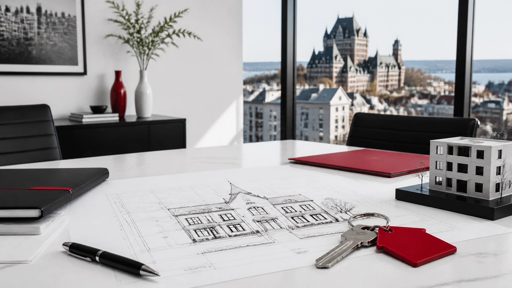 Meilleur courtier immobilier à Québec, grille de sélection et rencontre client devant une maison