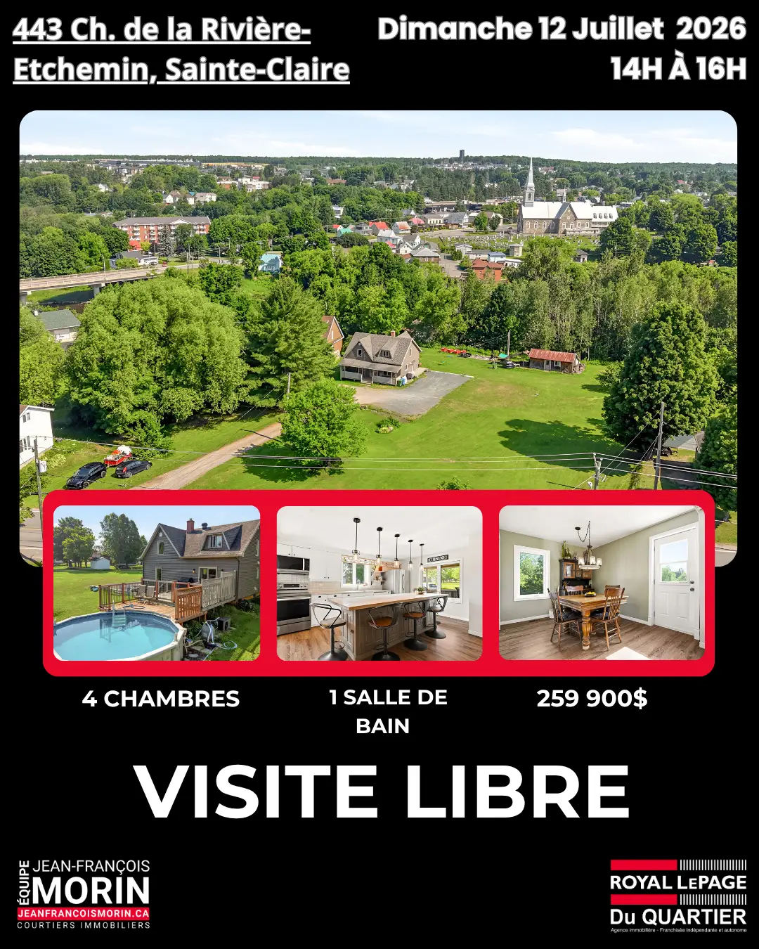 Vue aérienne de la propriété du 443, chemin de la Rivière-Etchemin à Sainte-Claire, visite libre de l'Équipe Jean-François Morin