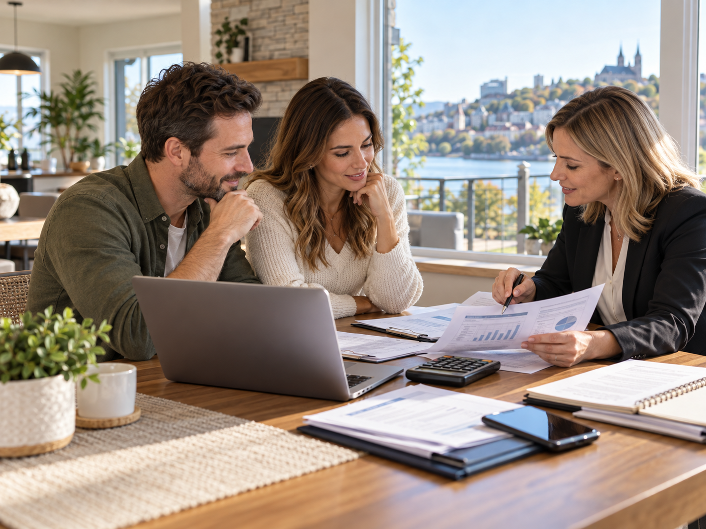 Couple étudiant un budget d’achat immobilier et des documents de financement avec une courtière à Lévis