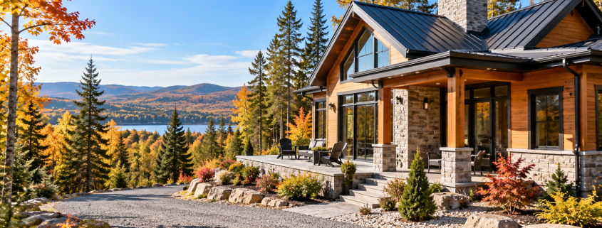 Maison contemporaine en milieu boisé au Québec entourée d'arbres et d'un aménagement de gravier