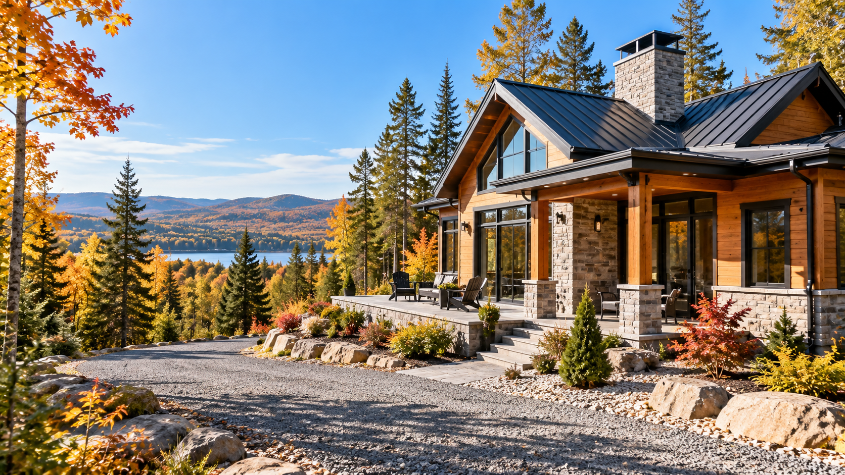 Maison contemporaine en milieu boisé au Québec entourée d’arbres et d’un aménagement de gravier