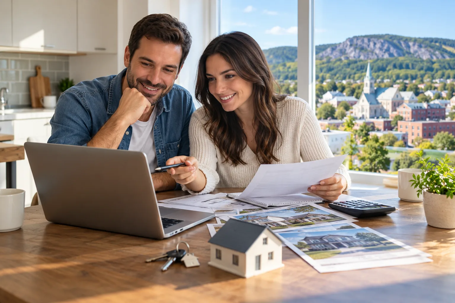 Illustration d'un couple préparant son budget pour acheter une maison avec ordinateur et documents immobiliers