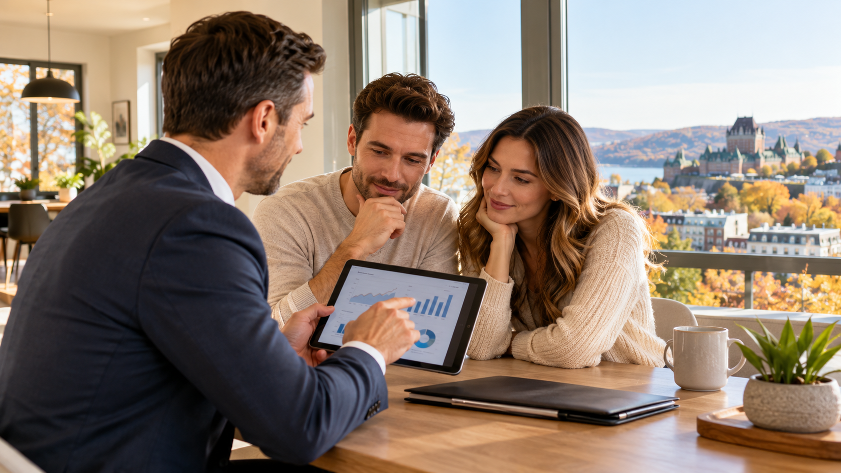 Courtier immobilier expliquant les tendances du marché à des acheteurs de maison à Québec