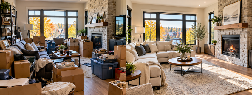 Comparaison avant après du désencombrement d'un salon pour préparer la vente d'une maison au Québec