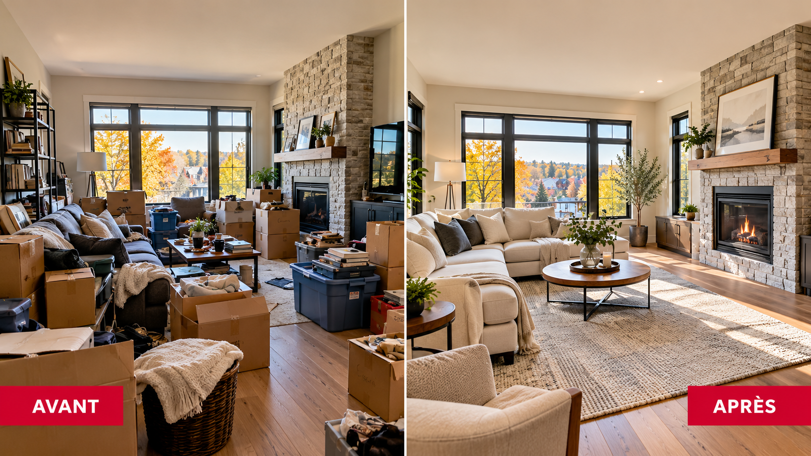 Désencombrer sa maison avant de vendre au Québec : salon avant et après le rangement