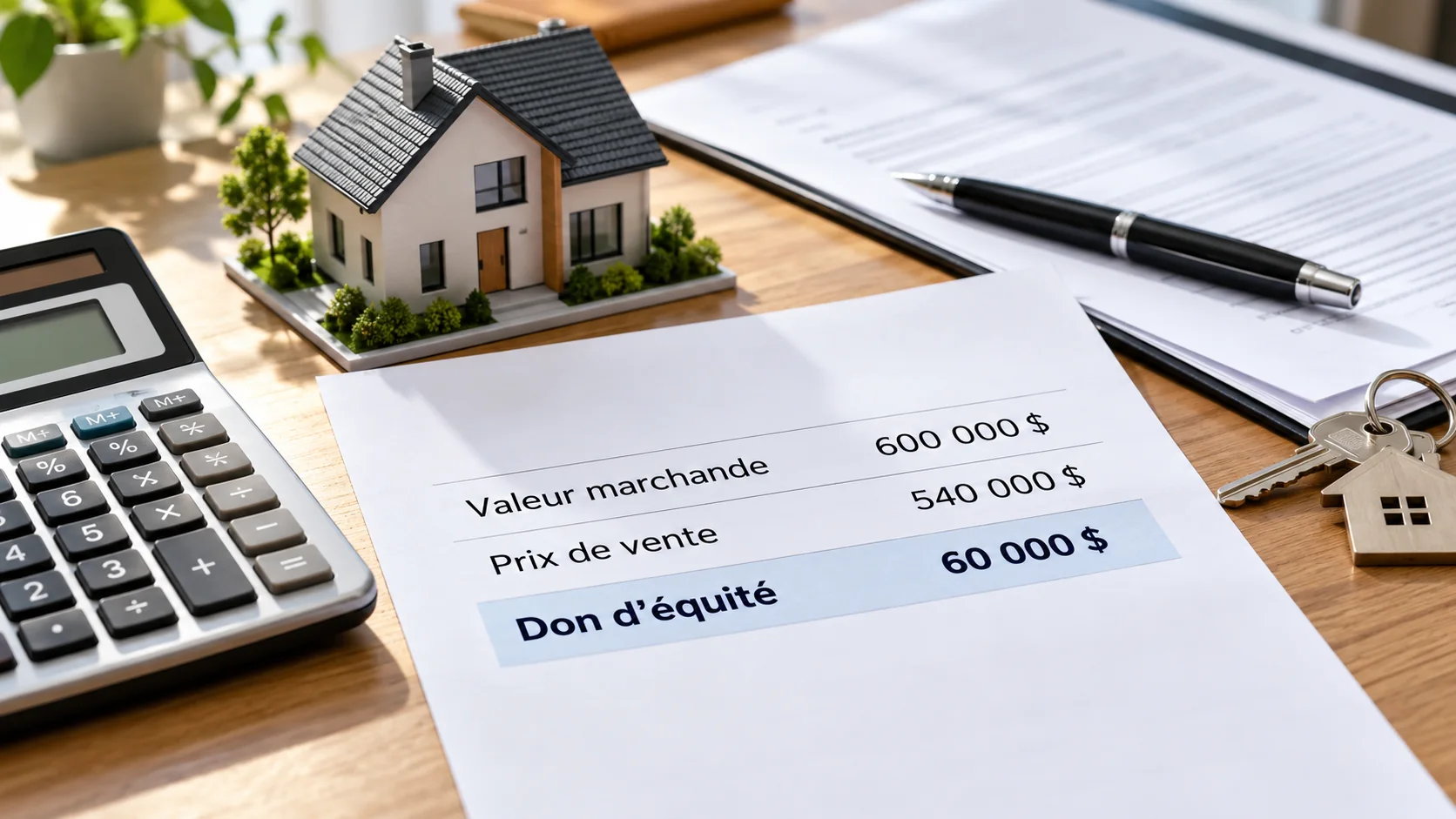 Exemple illustré d’un don d’équité de 60 000 dollars sur une maison évaluée à 600 000 dollars