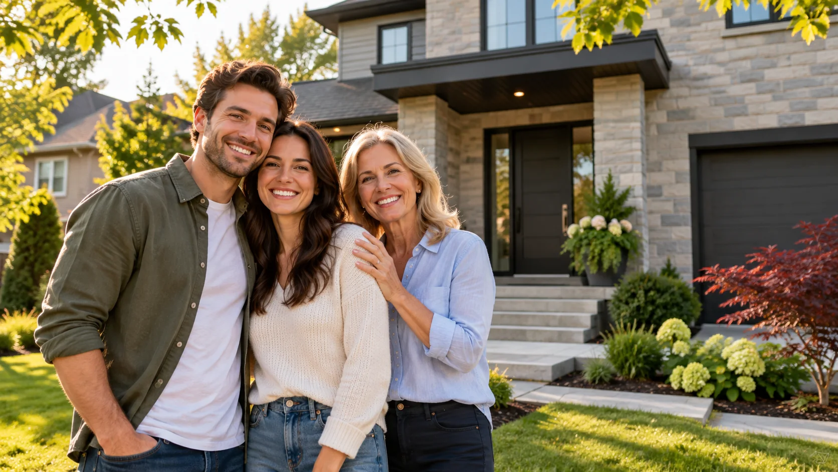 Famille devant une maison illustrant un don d’équité pour faciliter un achat immobilier